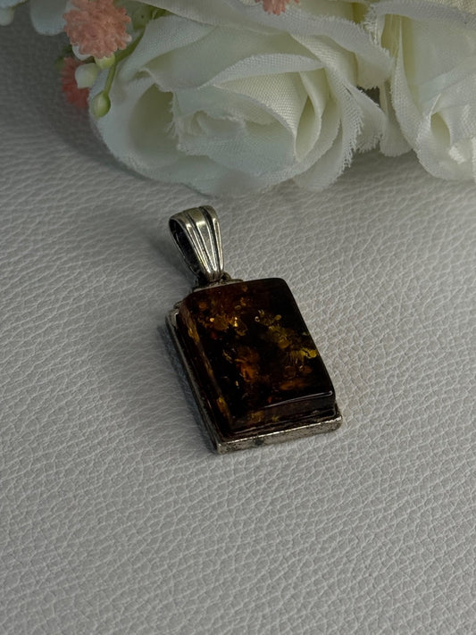 Vintage 925 Sterling Silver Amber Pendant Length 1.50 Inch