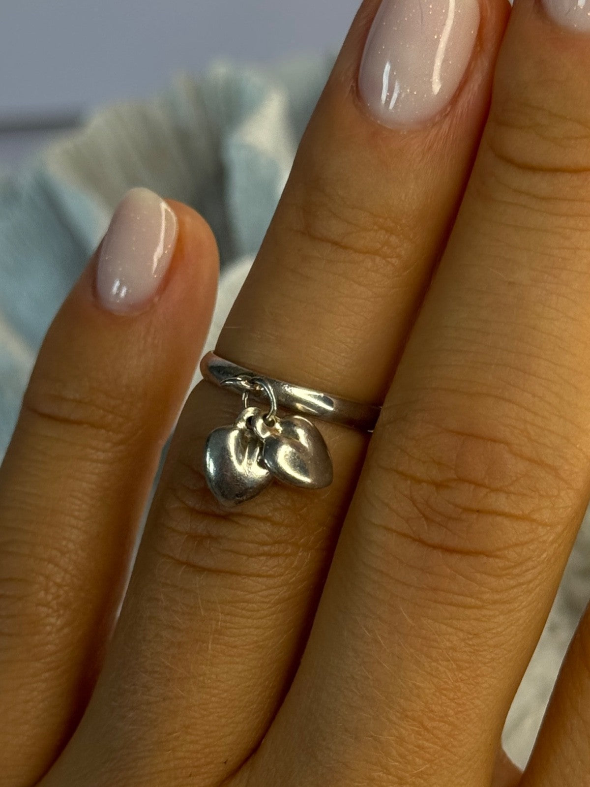 925 Sterling Silver 2 Hearts Charms Ring Size 5