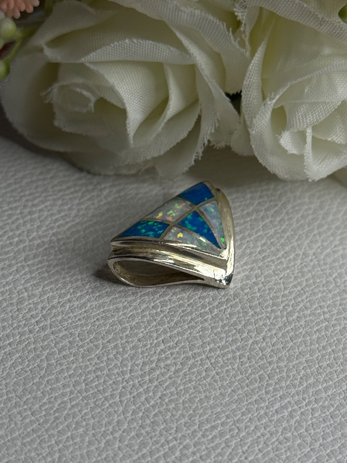 925 Sterling Silver White & Plue Shiny Opal Pendant Length 0.60 Inch