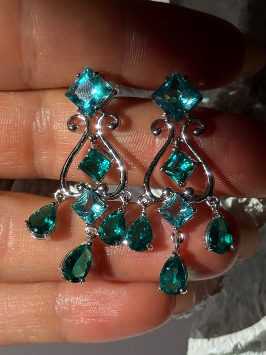 Shiny 925 Sterling Silver Aquamarine & Emerald Earrings