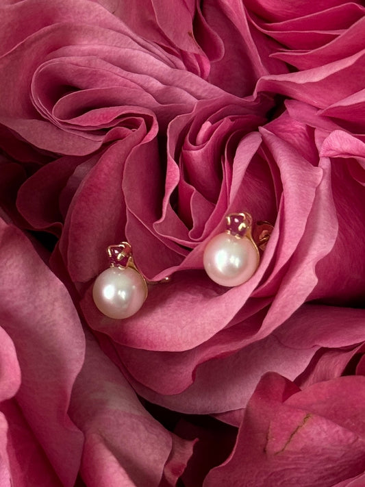 14K Yellow Gold Pearl & Ruby Stud Earrings