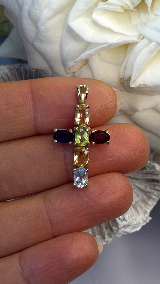 Multi Gemstone 925 Sterling Silver Gold Plated Cross Pendant