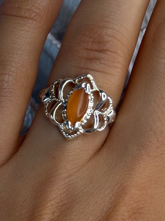 925 Sterling Silver Orange Agate Ring Size 6.5