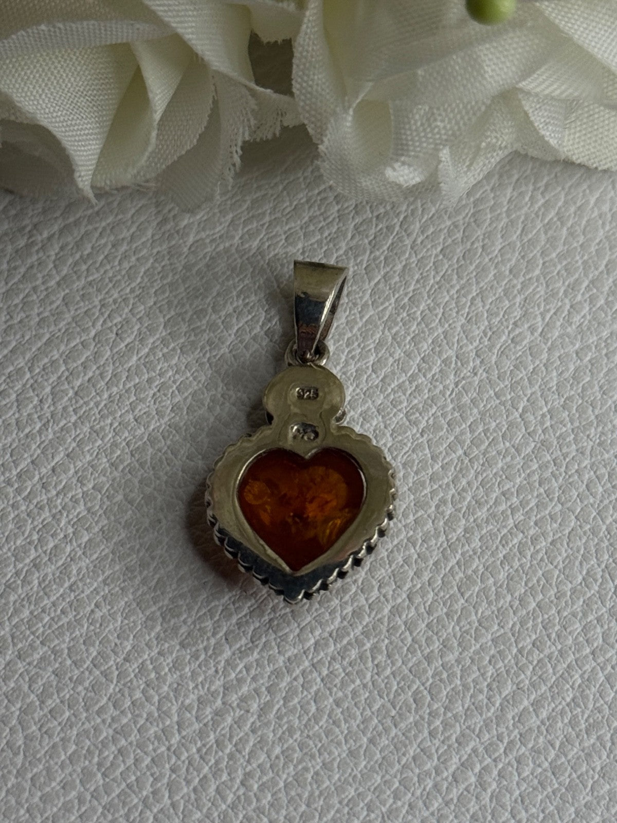 925 Sterling Silver Amber Heart & Flower Pendant Length 1.15 Inch
