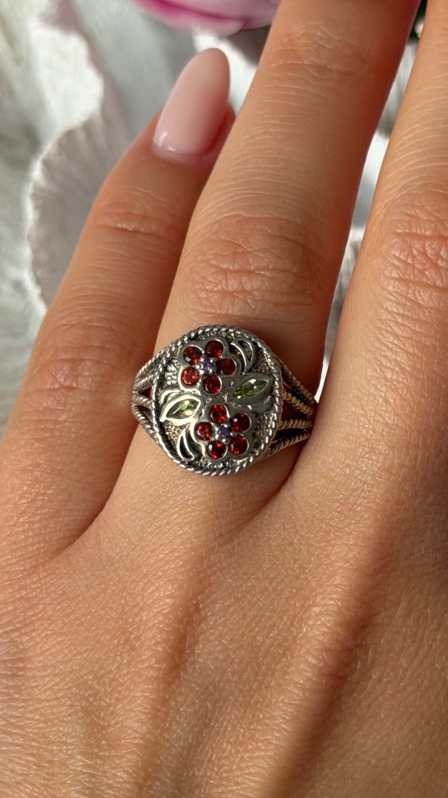 925 Sterling Silver Garnet Amethyst Peridot Ring Size 7