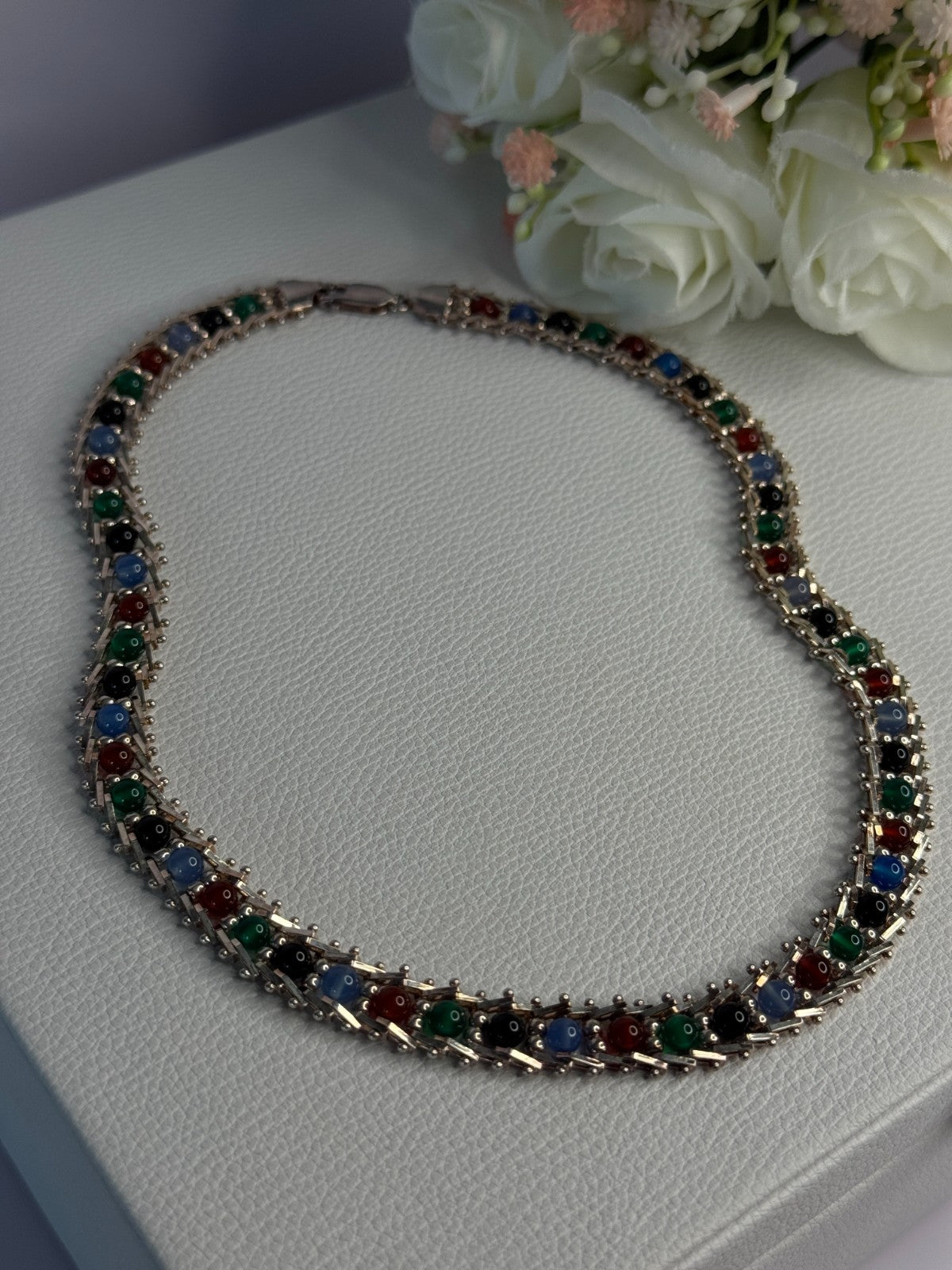925 Sterling Silver Italy Milor Multicolor Agate Necklace Length 17 Inch