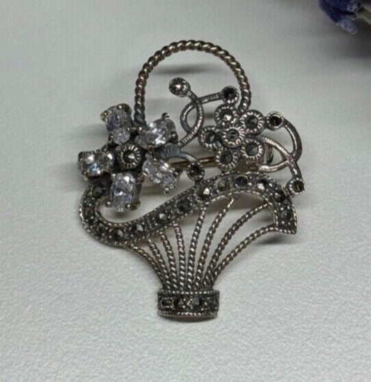 925 Sterling Silver CZ & Marcasites Flowers Brooch