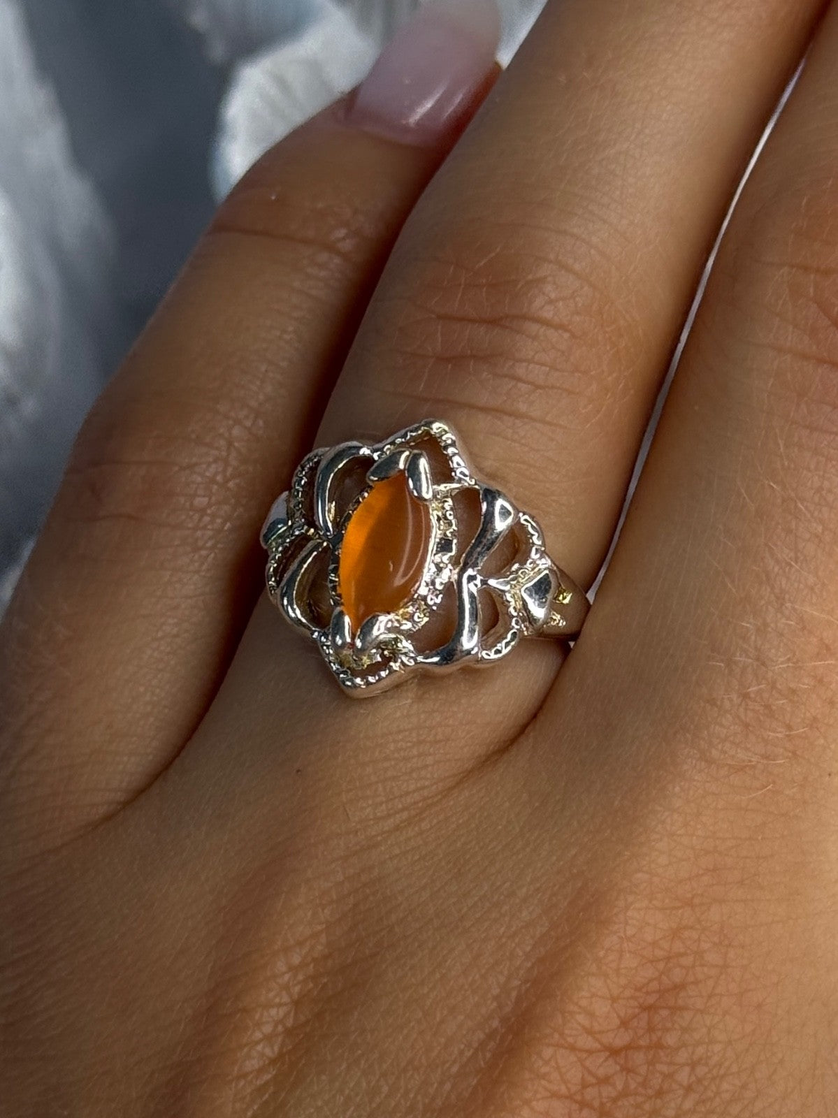 925 Sterling Silver Orange Agate Ring Size 6.5