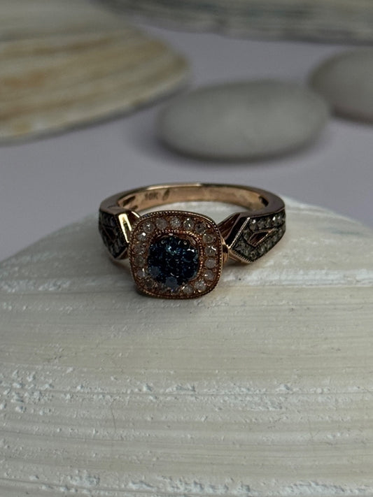 10K Rose Gold 0.5 Carat Clear & Teal Blue Dimond Ring Size 6