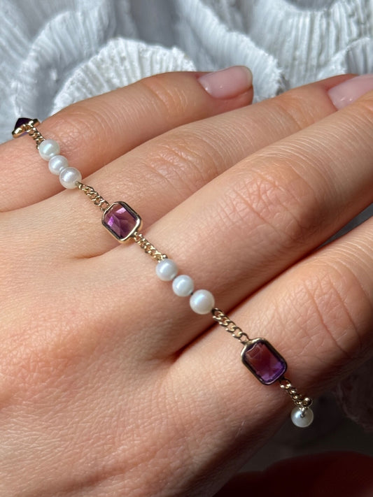 14K Yellow Gold Amethyst & Pearls Bracelet Length 7
