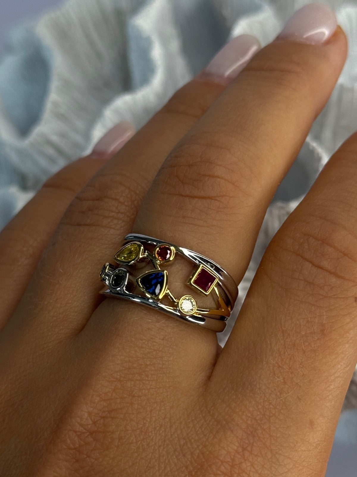 925 Sterling Silver Gold Plated Part Multi Color Gemstones Ring Size 8