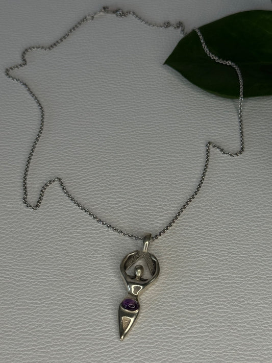 925 Sterling Silver Amethyst "Figure" Chain With Pendant Length 18 in