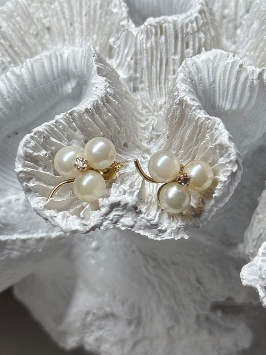 10K Yellow Gold Pearls & Diamonds Earrings Length 0.5 Inch