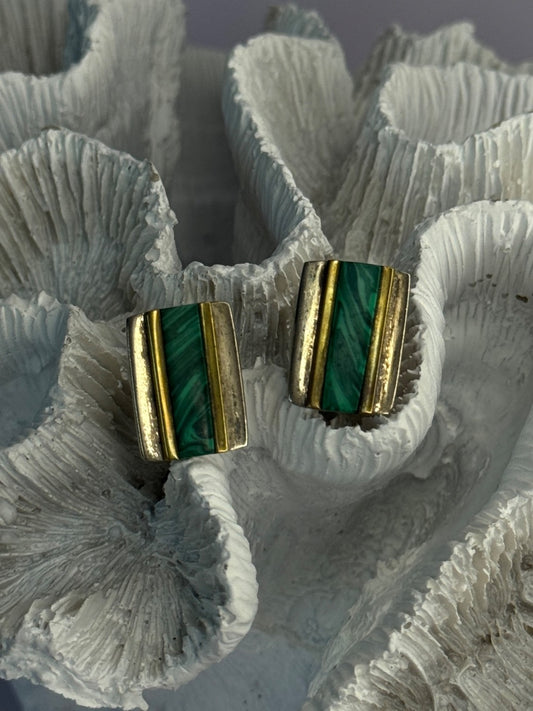 925 Sterling Silver Gold Plated Part Malachite Cufflinks