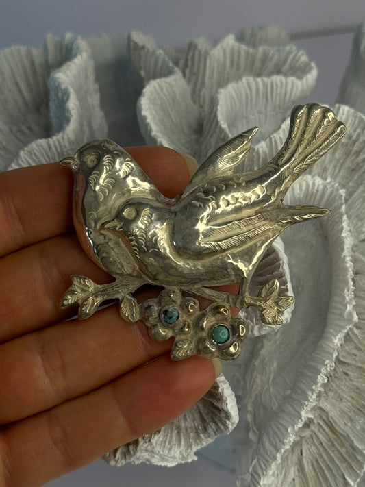 925 Sterling Silver Brooch Turquoise Birds Length 2.20 Inch
