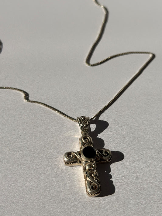 Vintage 925 Sterling Silver Black Onyx Cross Necklace Length 18 in