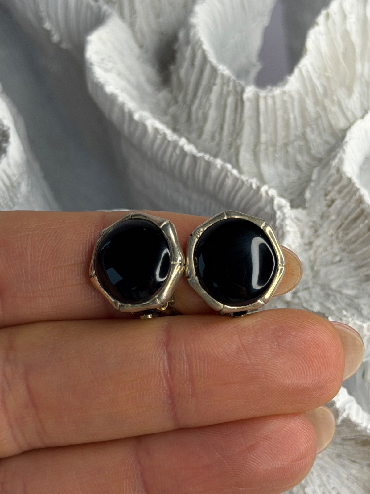 Vintage 925 Sterling Silver Black Onyx Clip-On Earrings