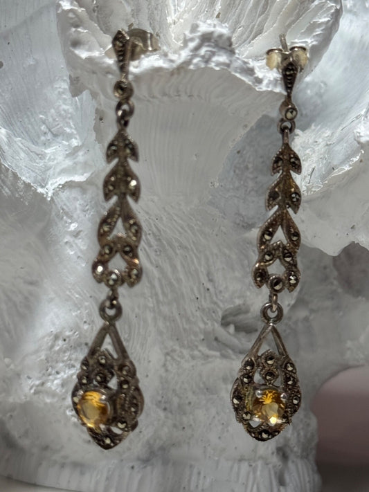 925 Sterling Silver Citrine & Marcasite Earrings Length 2.2 Inch