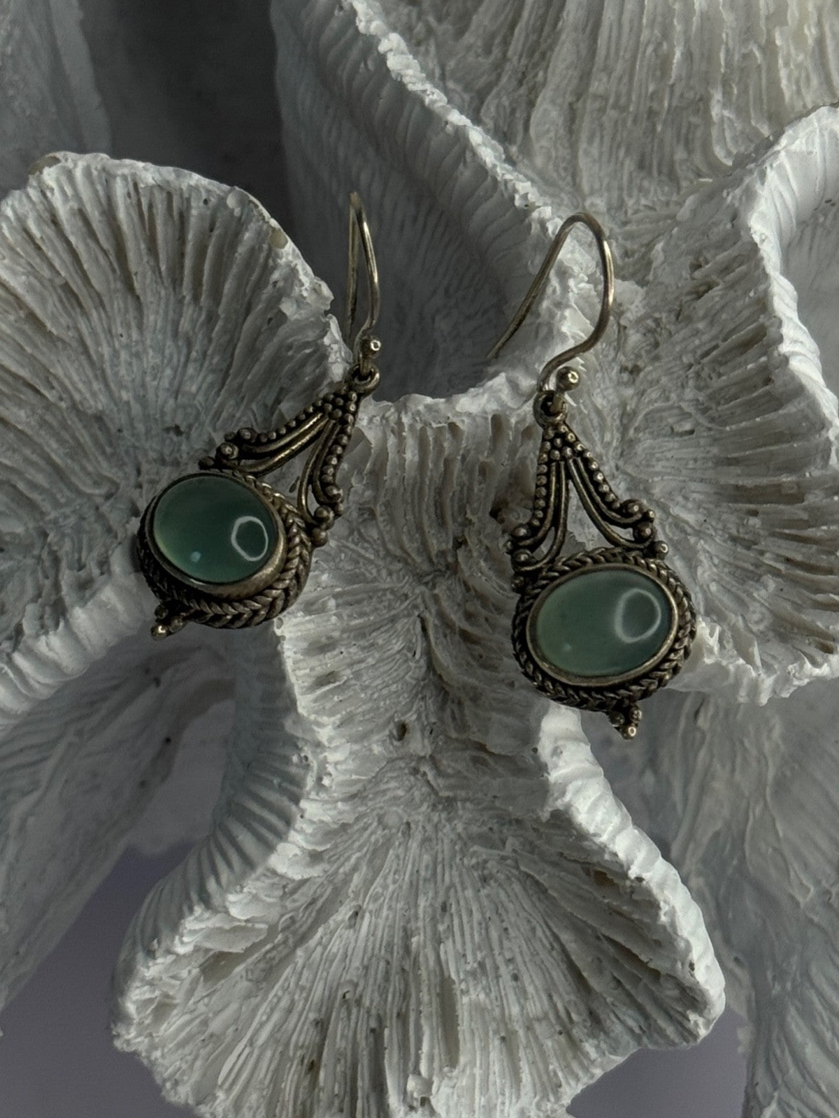 Vintage 925 Sterling Silver Jade Earrings Length 1.40 Inch