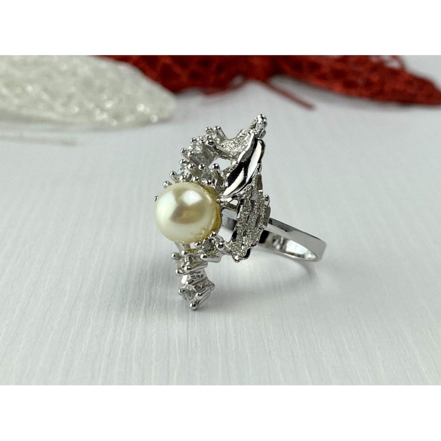 925 STERLING SILVER PEARL & CZ RING SIZE 6