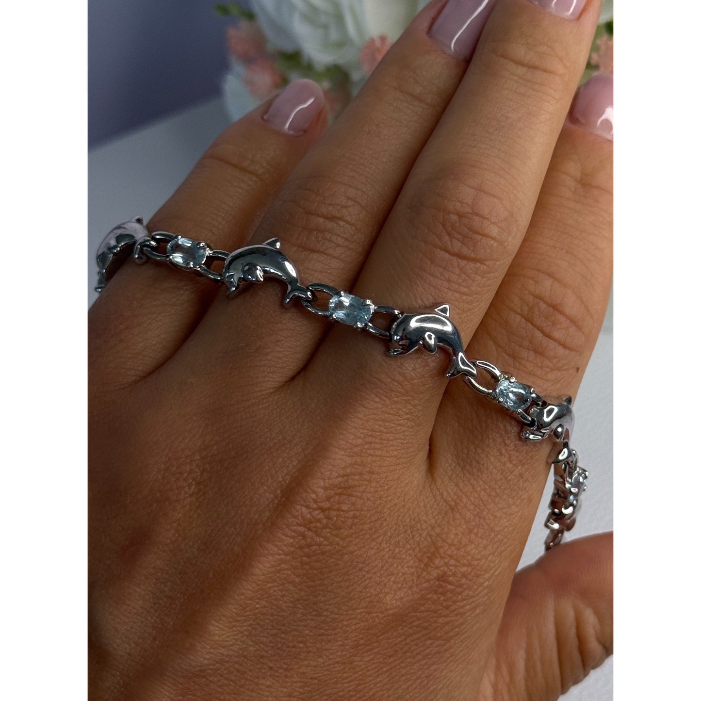 925 STERLING SILVER TOPAZ DOLPHIN BRACELET LENGTH 7.5