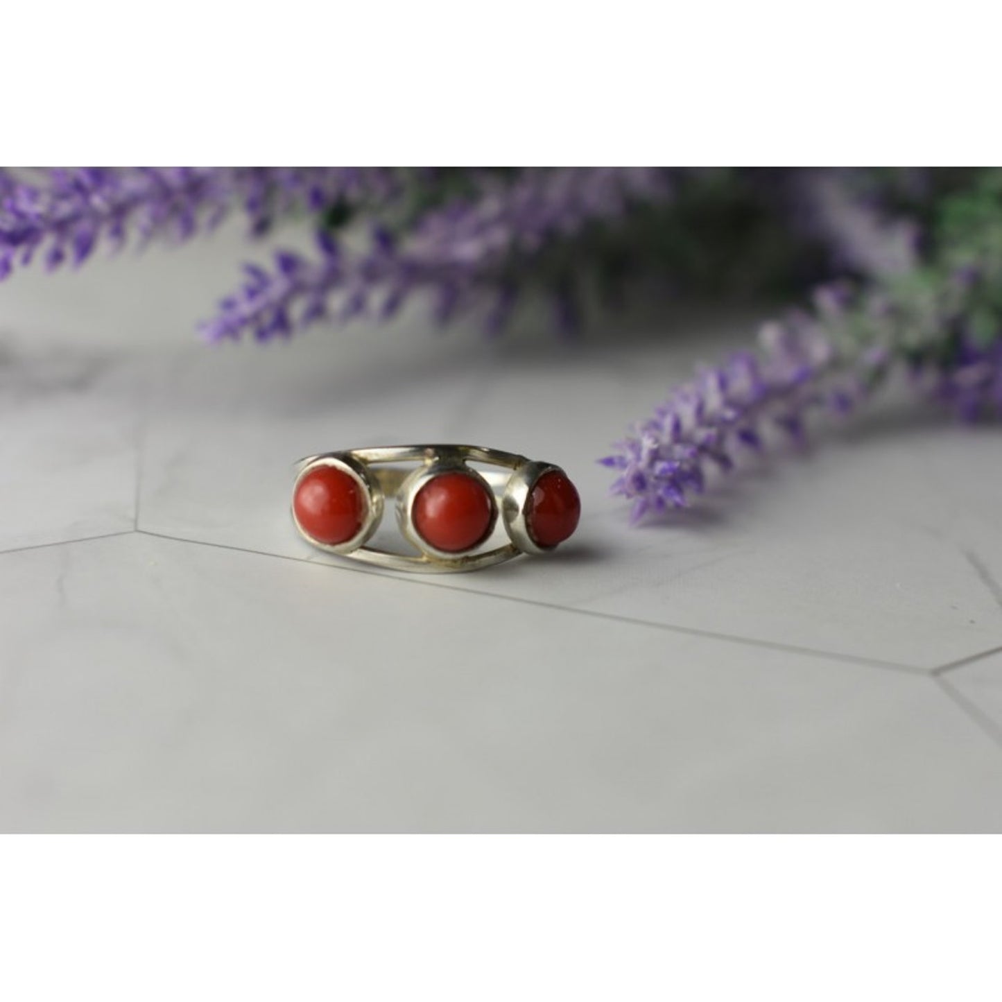 925 STERLING SILVER RED CORALS RING SIZE 6.5
