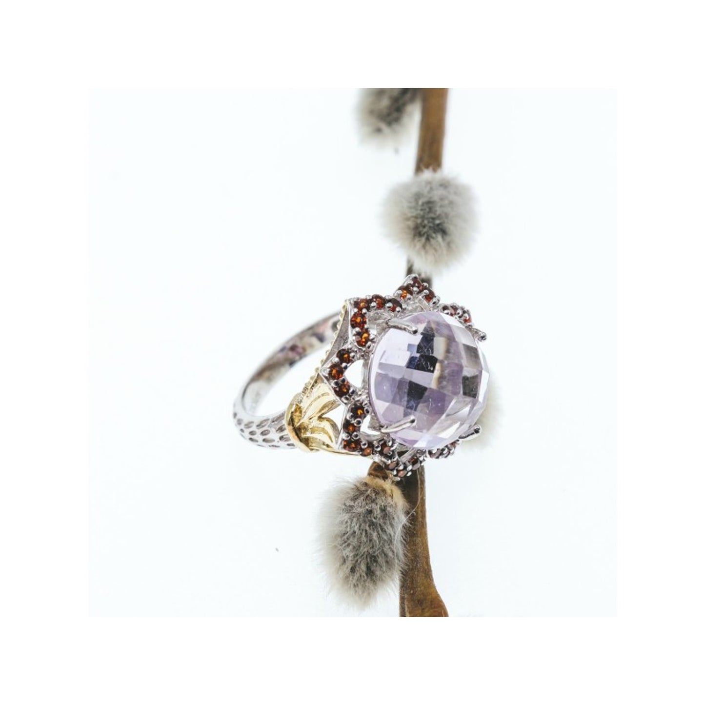 925 STERLING SILVER WITH GILDING MORGANITE & GARNET "FLOWER" RING SIZE 7