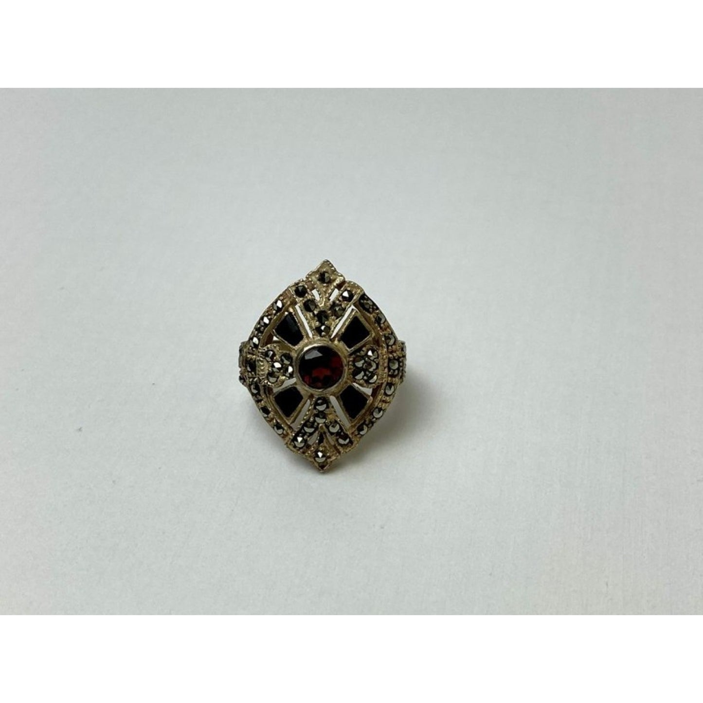 925 STERLING SILVER SPESSARTINE, BLACK NEPHRITE & MARCASITES RING SIZE 6.5