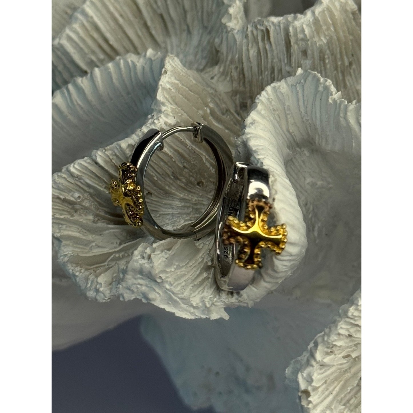 925 STERLING SILVER GOLD PLATED CROSS EARRINGS LENGTH 0.75 INCH