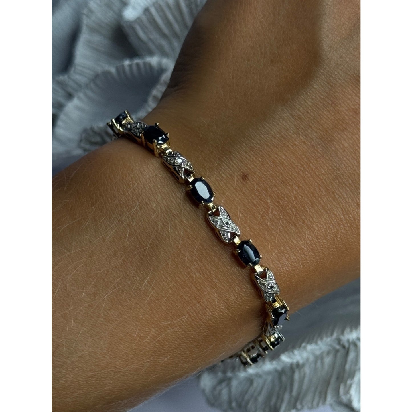 925 STERLING SILVER GOLD PLATED SAPPHIRE & DIAMOND BRACELET LENGTH 7.5