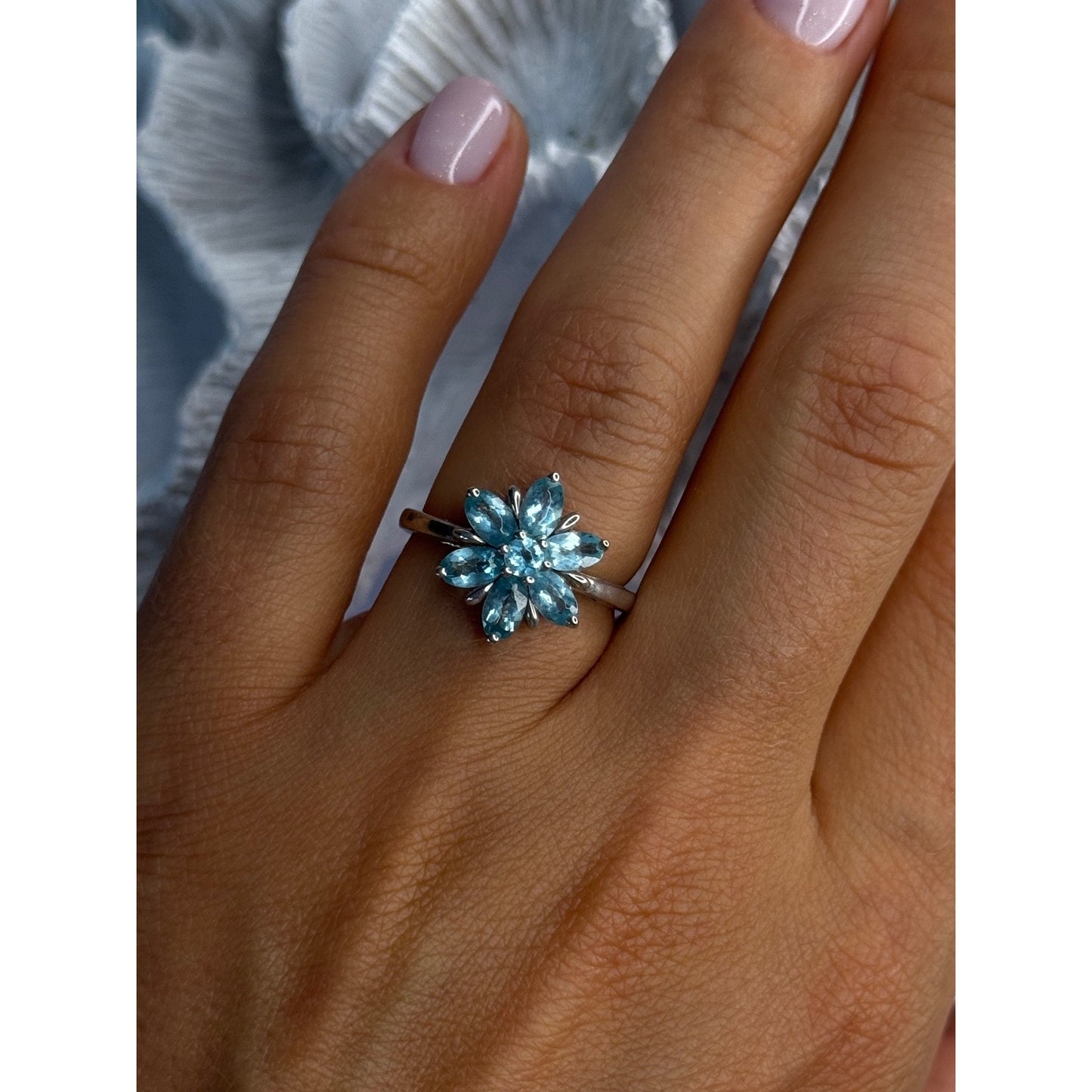925 STERLING SILVER AQUAMARINE FLOWER RING SIZE 7