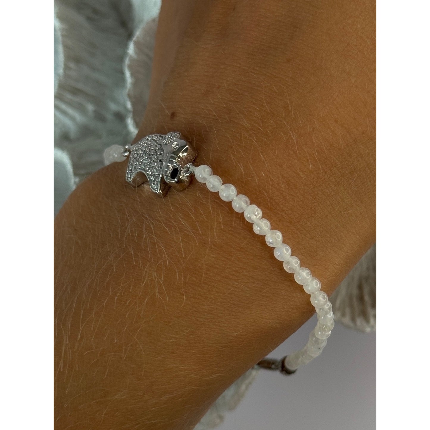 925 Sterling Silver Moonstones Elephant Charm Bracelet Length 7.5