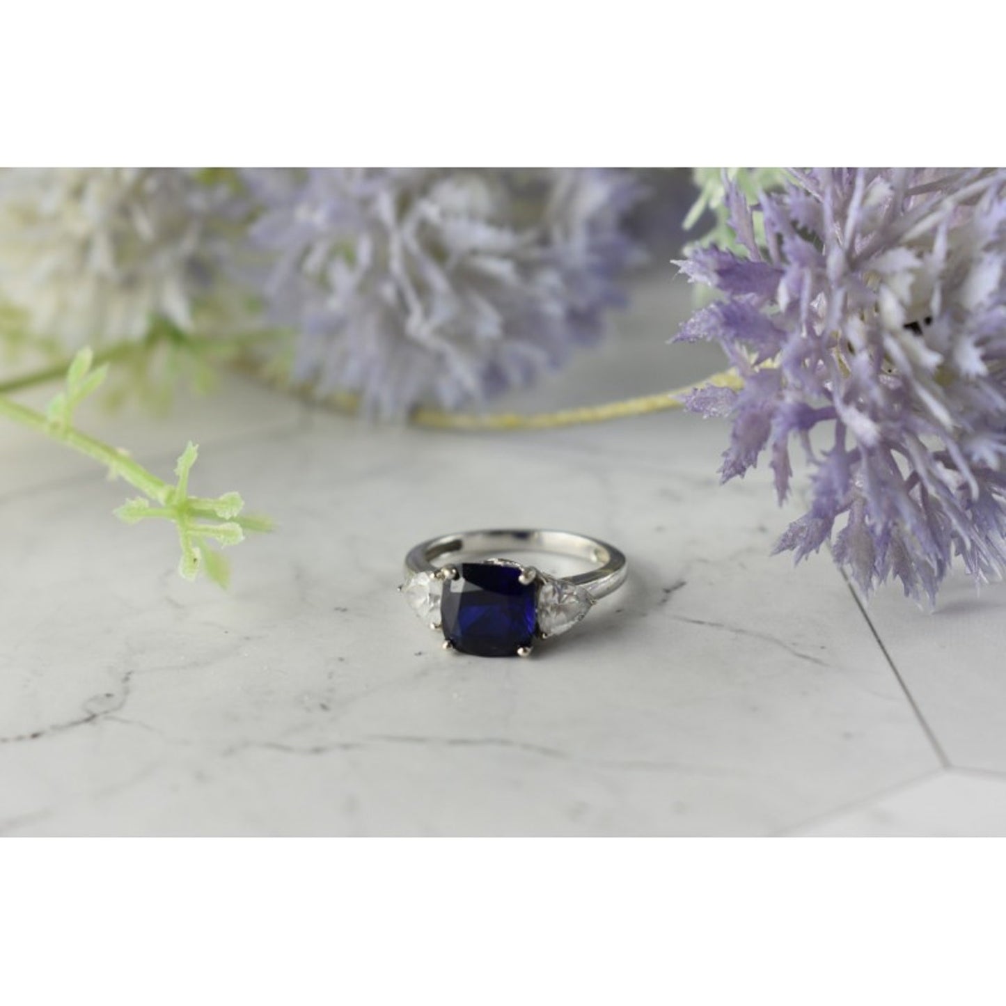 925 STERLING SILVER SAPPHIRE & CZ RING SIZE 6.5