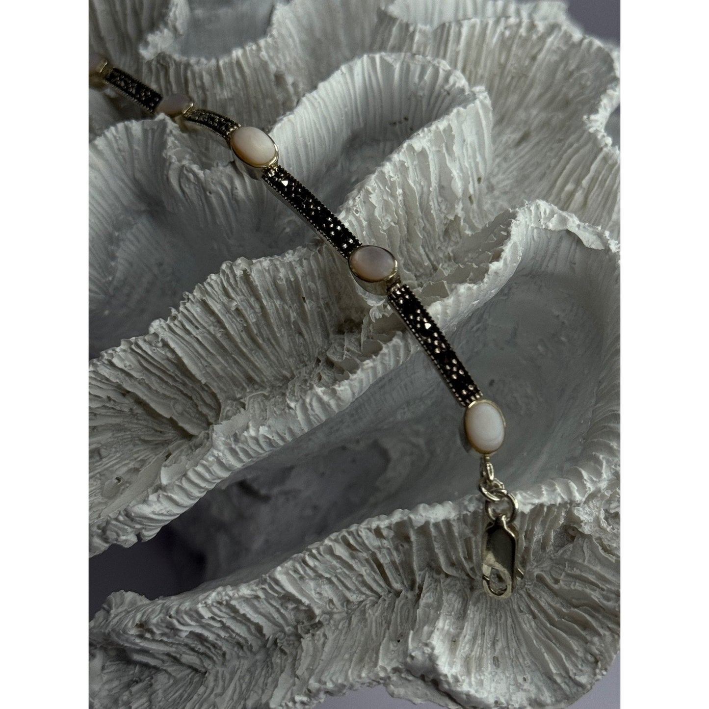 925 STERLING SILVER PINK ABALONE & MARCASITE BRACELET LENGTH 7.5
