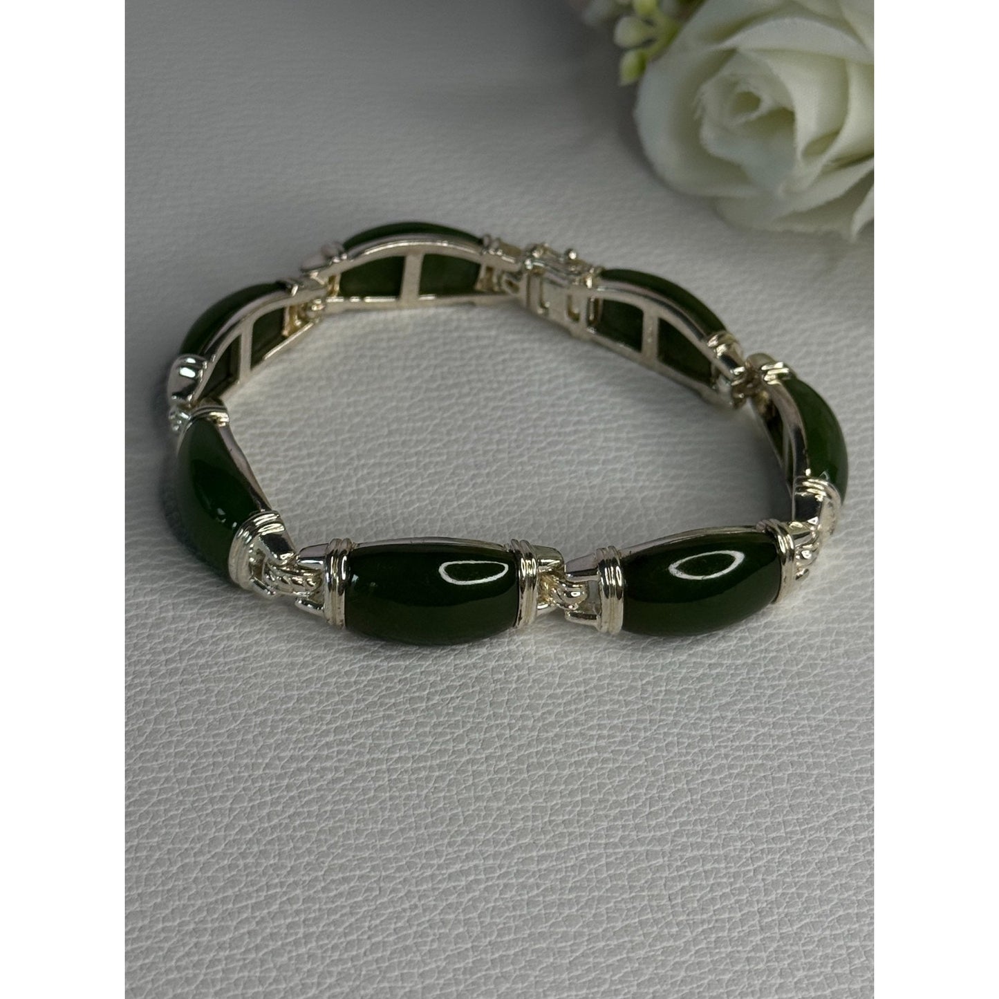 925 STERLING SILVER GREEN NEPHRITE BRACELET LENGTH 7.5