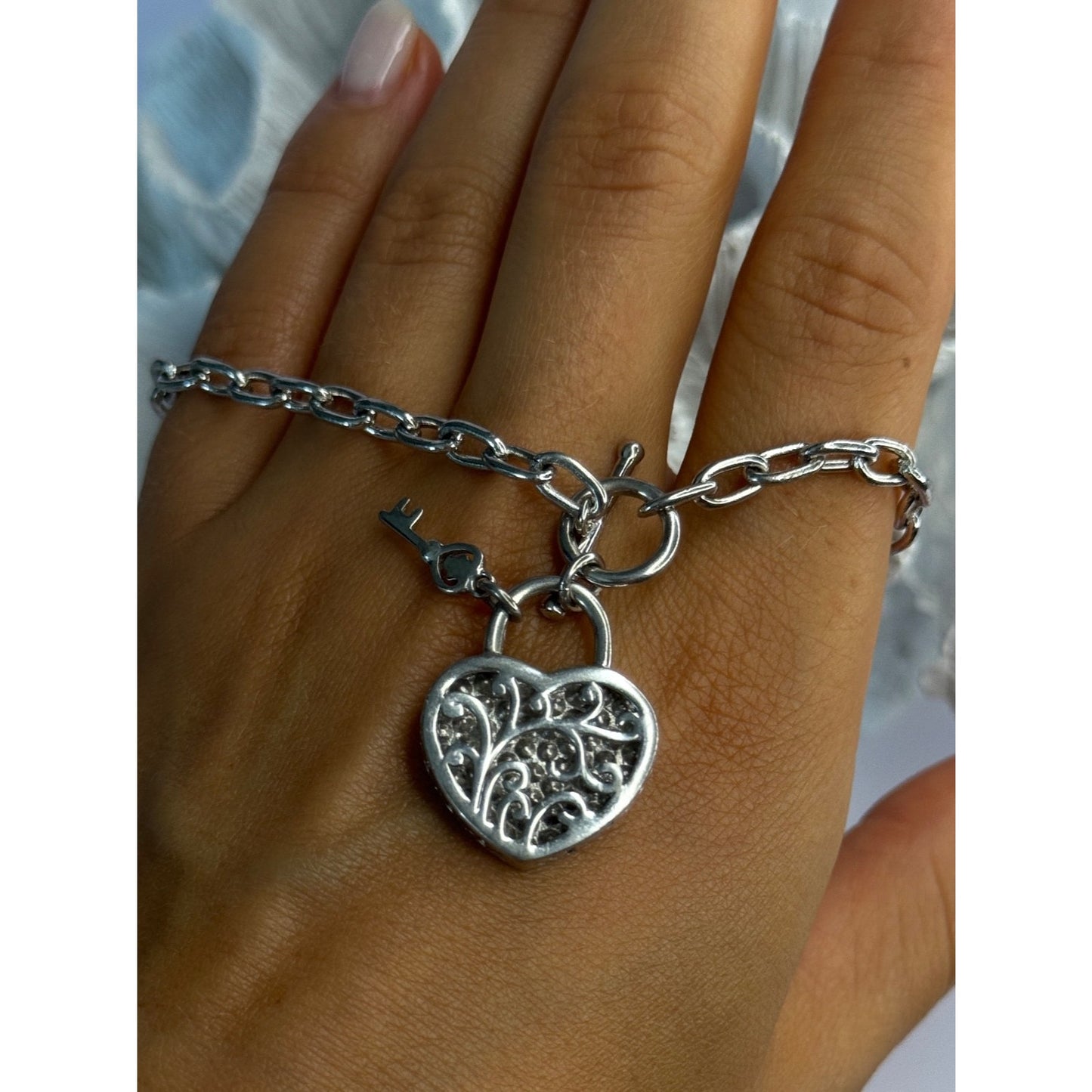 925 Sterling Silver Heart & Key Cz Bracelet Length 7.5
