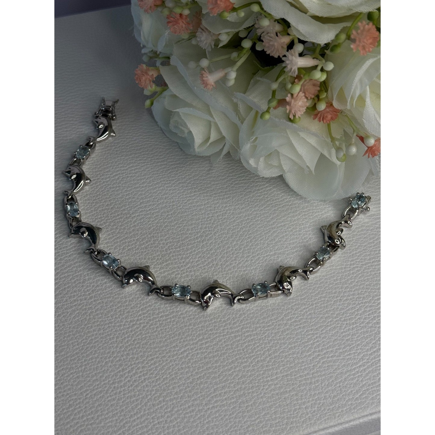 925 STERLING SILVER TOPAZ DOLPHIN BRACELET LENGTH 7.5