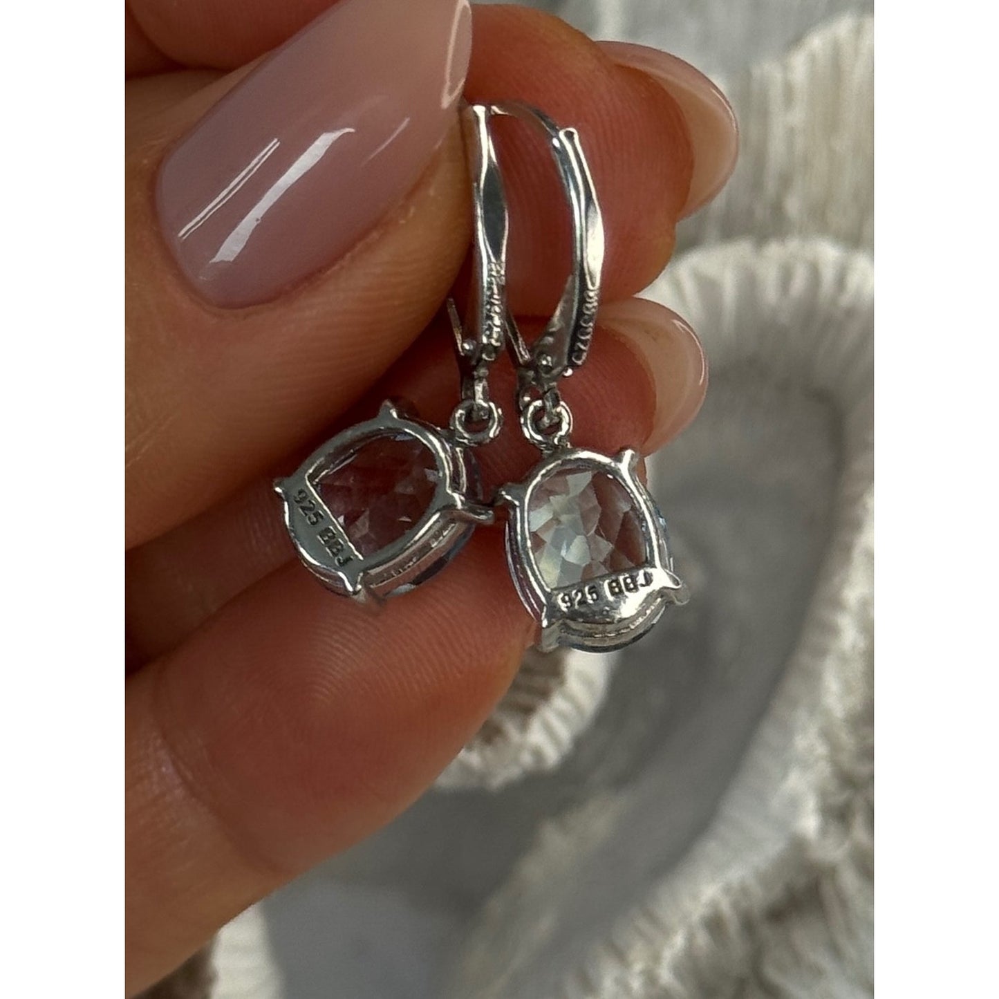 925 Sterling Silver Blue Topaz BBJ Earrings Length 1.10 inch