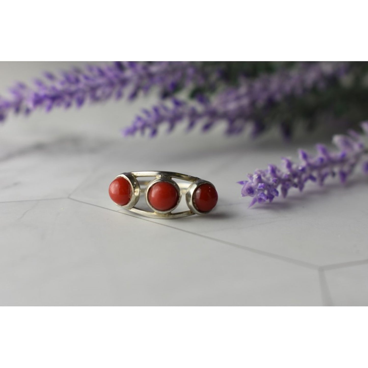 925 STERLING SILVER RED CORALS RING SIZE 6.5