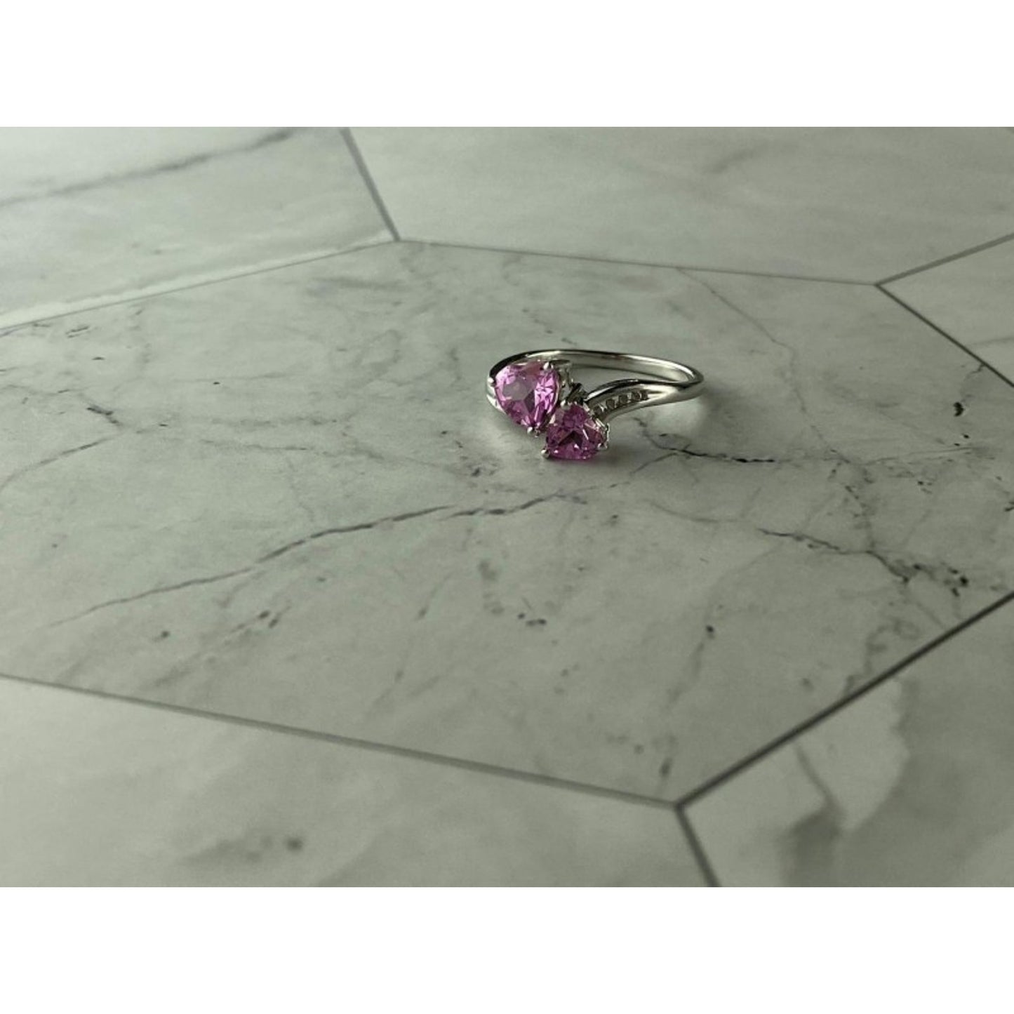 925 STERLING SILVER PINK TOPAZ "HEARTS" RING SIZE 7