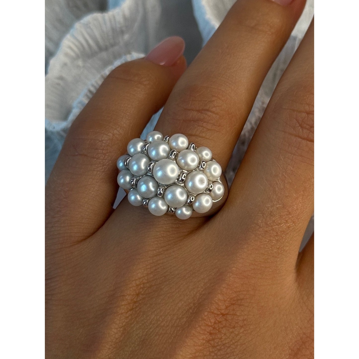 Elegant 925 Sterling Silver Pearl Ring Size 7