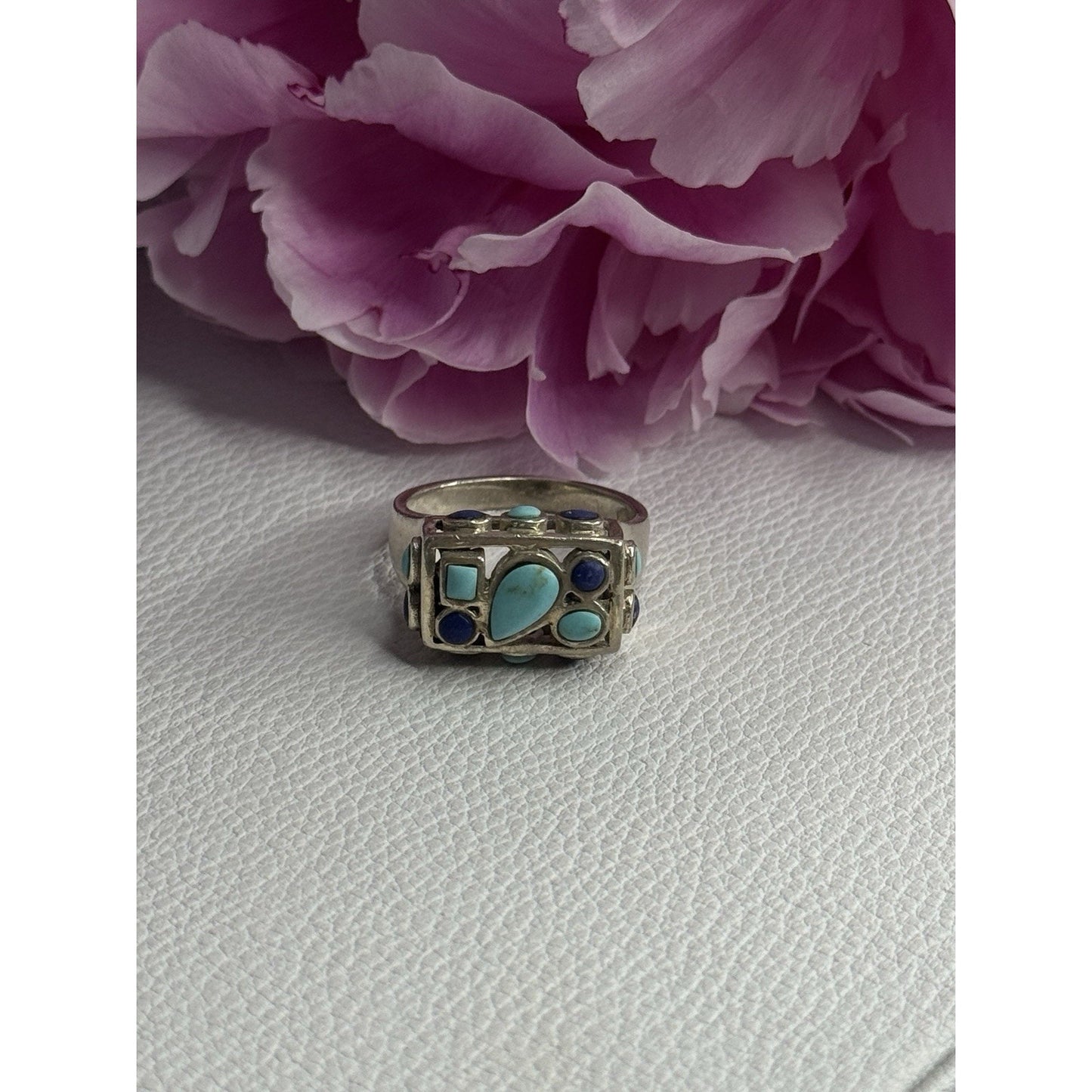 925 STERLING SILVER TURQUOISE & SODALITE RING SIZE 7.5