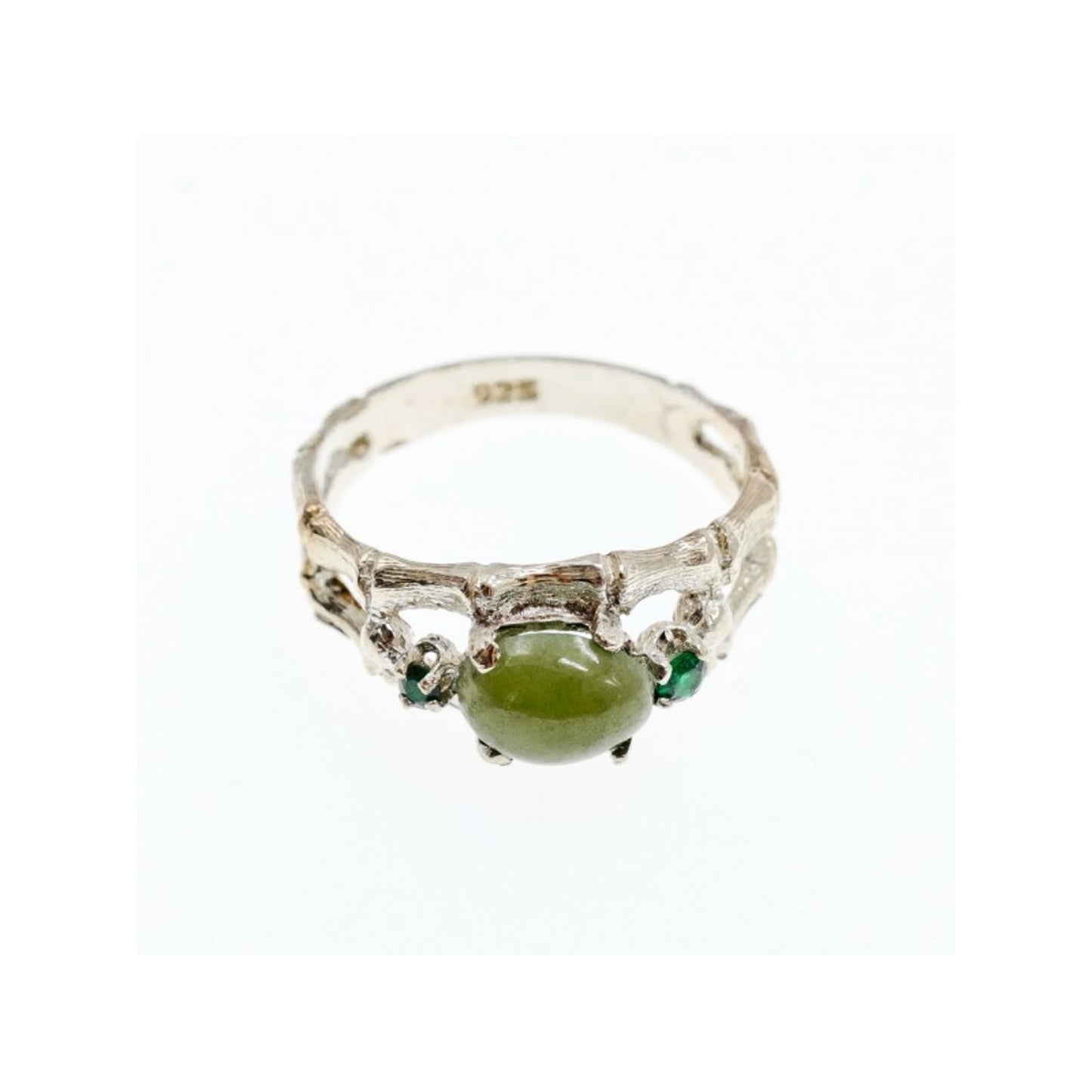 925 STERLING SILVER NEPHRITE ( JADE ) & EMERALDS RING SIZE 8