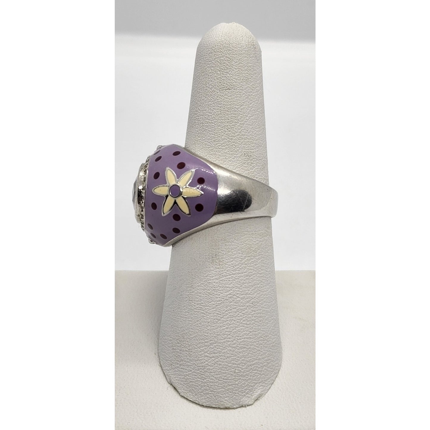 925 STERLING SILVER WITH AMETHYST & QUARTZ ON ENAMEL RING SIZE 7.5