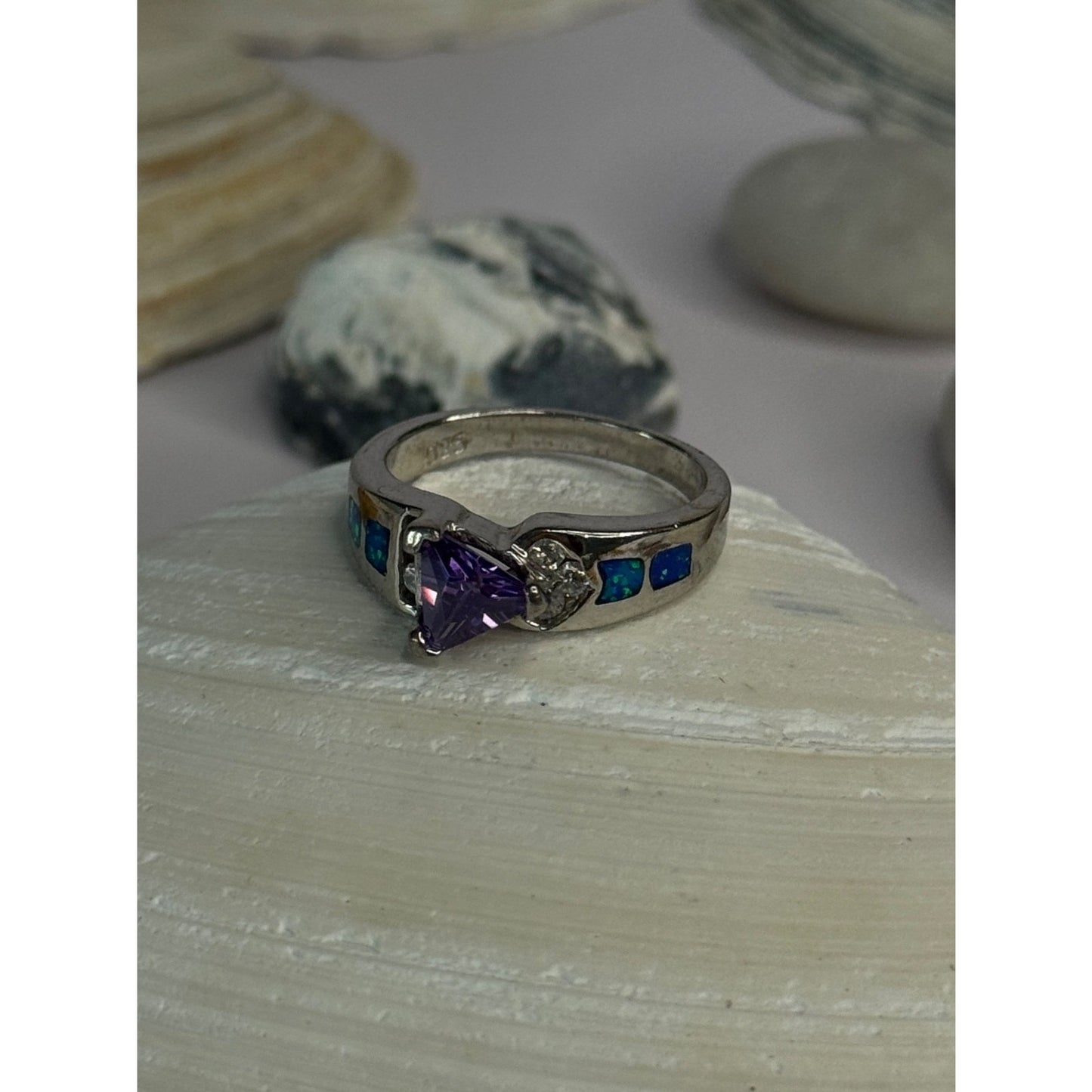 925 Sterling Silver Amethyst & Beryl & Opal Ring Size 6.5