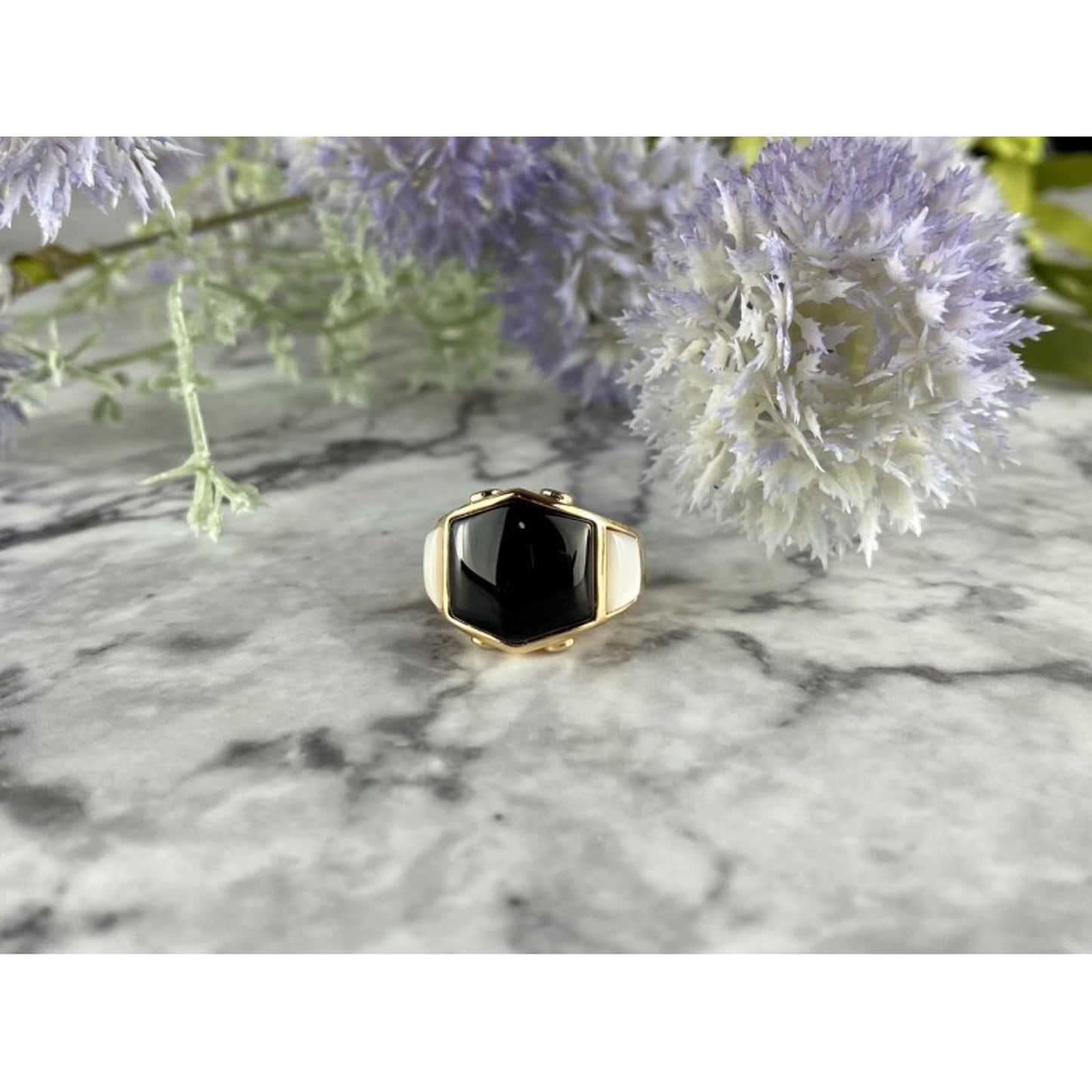 925 STERLING SILVER GOLD PLATED BLACK JADE, MOTHER OF PEARL & CZ RING SIZE 7