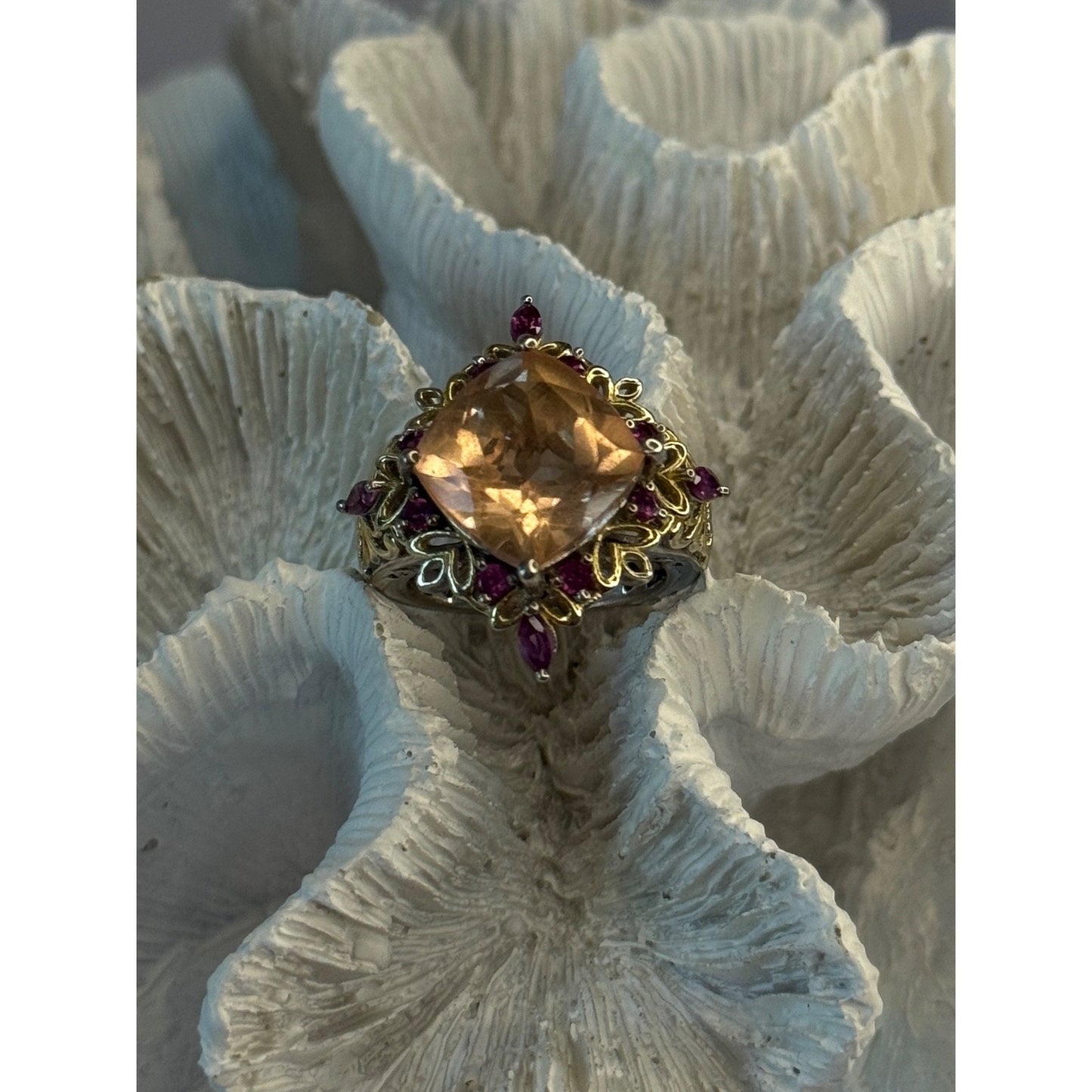 925 Sterling Silver Gold Plated Part Spinel & Ruby Ring Size 6
