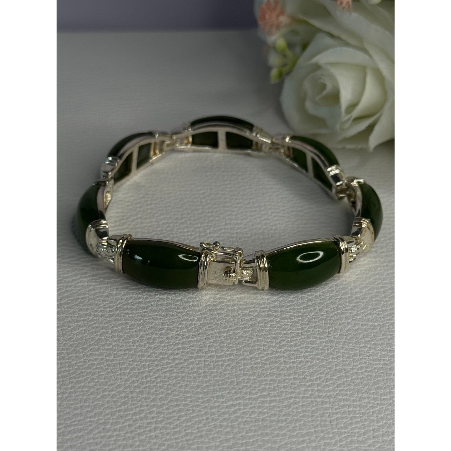 925 STERLING SILVER GREEN NEPHRITE BRACELET LENGTH 7.5