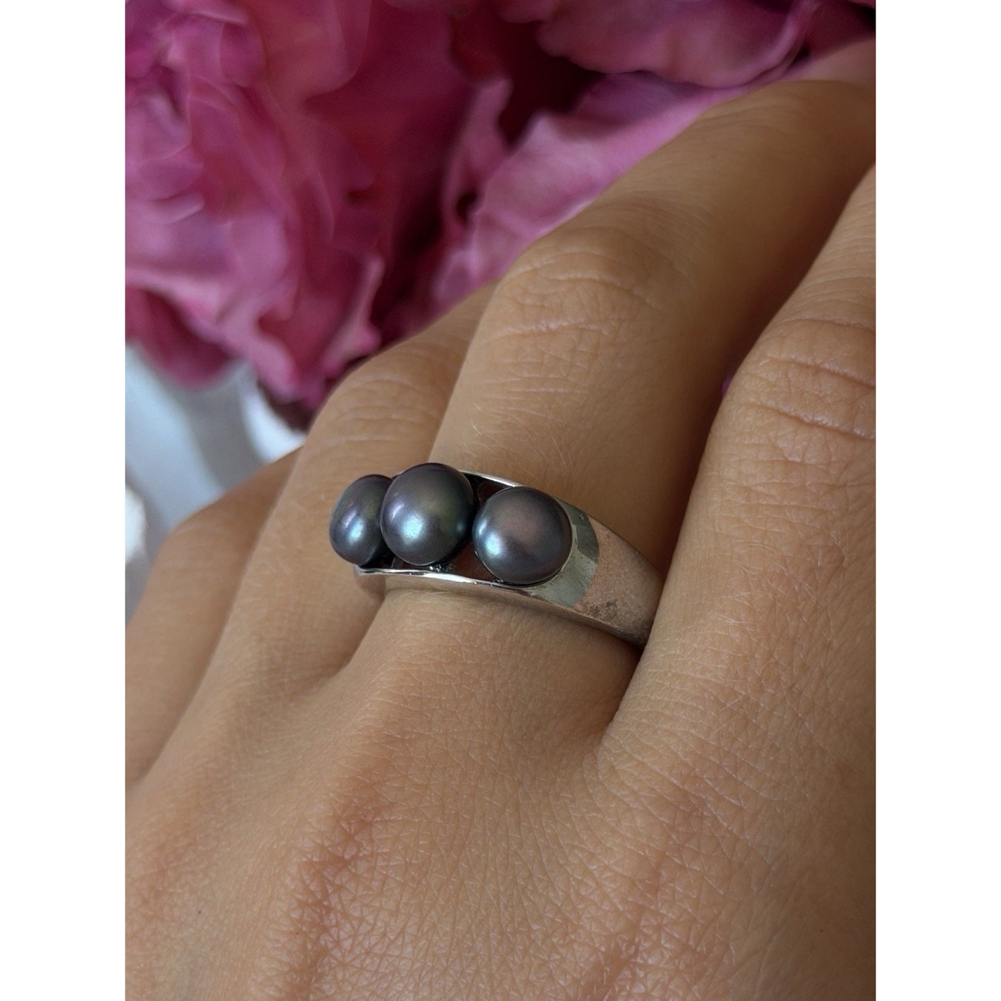 925 Sterling Silver Black Pearl Ring Size 9