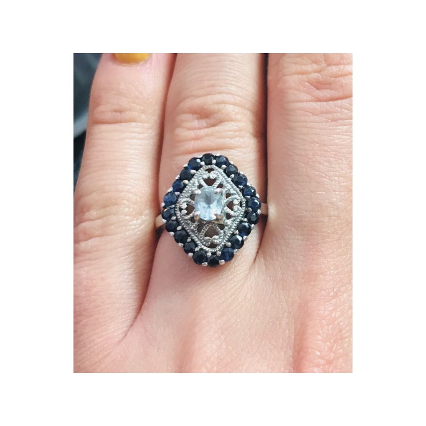 925 STERLING SILVER AQUAMARINE & DARK BLUE SPINEL RING SIZE 7